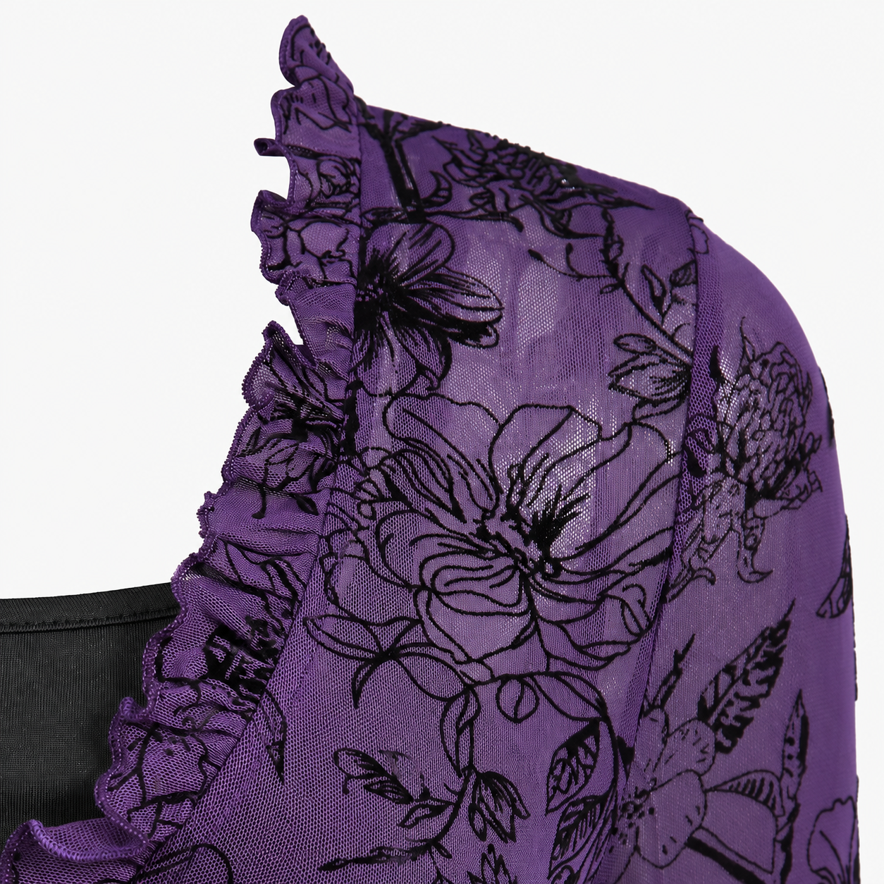 Ruffled neckline and black floral flocking on the purple mesh cover dress with black cami beneath