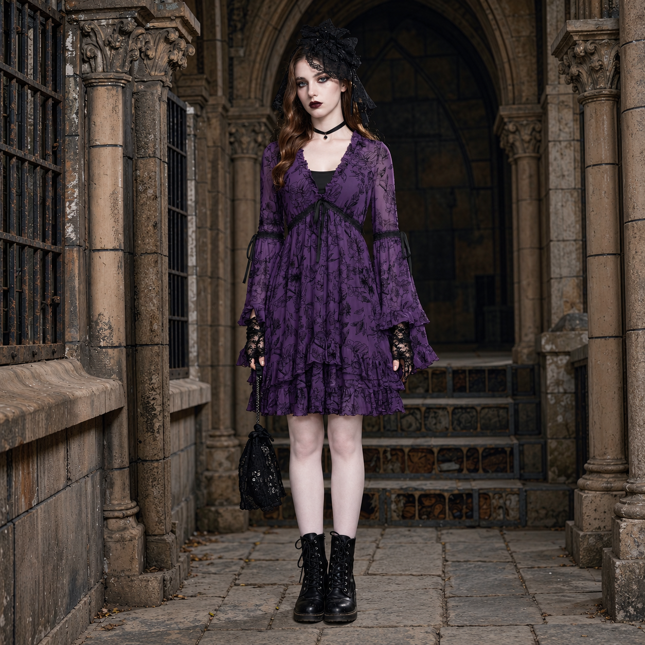 Adult model wearing a purple floral-flocked Gothic dress set with bell sleeves and ruffled hem