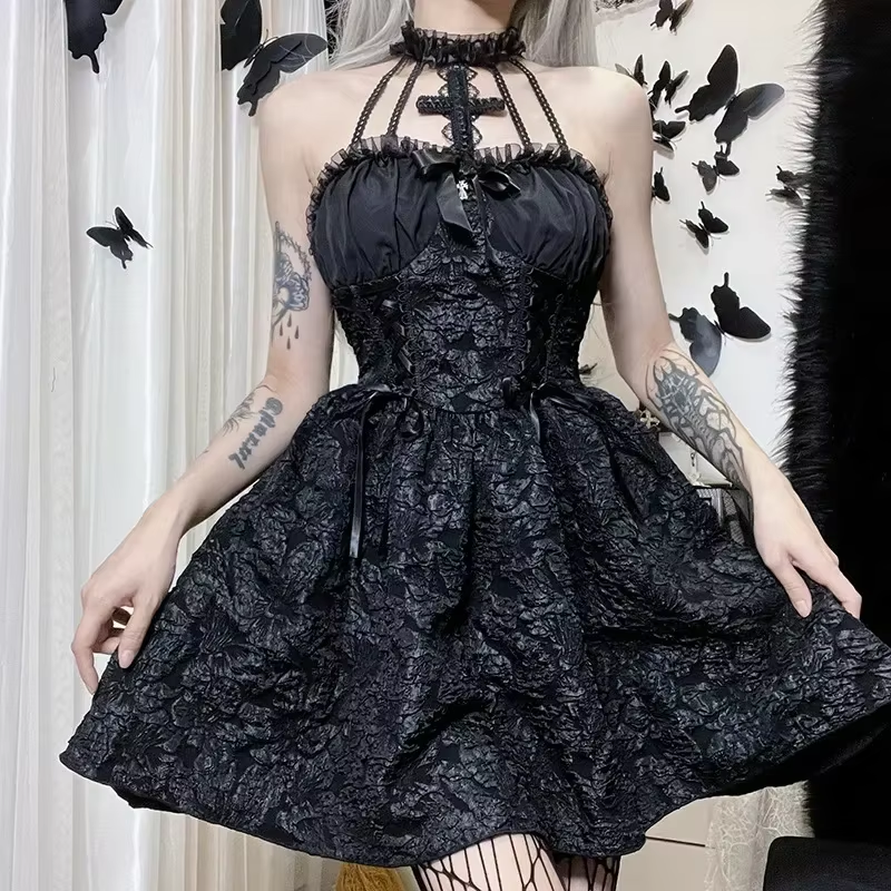 Front view of a black halter jacquard mini dress with a lace-up waist worn by an adult model